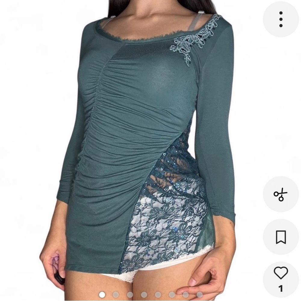 y2k lace long sleeve blouse green with ruched detailing (y2k BKE Boutique)